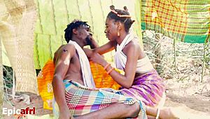 Juicy ebony wife spreads legs wide for lover's tongue on wet pussy outdoors.