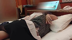 japanese slut in pantyhose rips stockings begs for cock rides cowgirl gets creampie after blowjob and doggystyle spanking