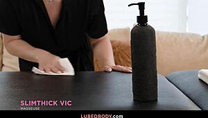 Oiled ebony masseuse fingers blonde's pussy in lesbian muff diving fantasy