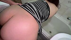 Stepson rams stepmom's ass in bathroom then shoves dick down her throat?