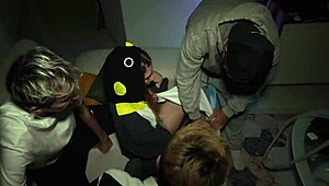 Three Cocks Pound Cute Slut's Mouth and Pussy at Party