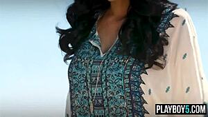 Latina teen model rips clothes off to flaunt natural big tits and juicy ass in striptease