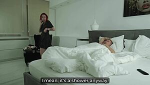 stepson spies stepmom undressing in sauna then fucks her hard