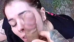 Skinny Brazilian gives milky blowjob dominated in garden by big cock