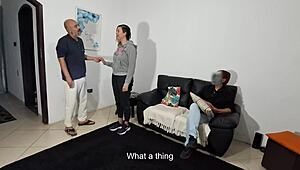 stepson spies on girlfriend riding stepdad's cock doggystyle then bent over