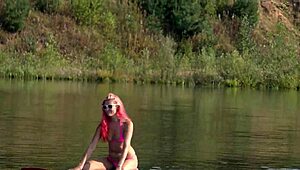 sup girl flashing pink micro bikini outdoors skinny slut!