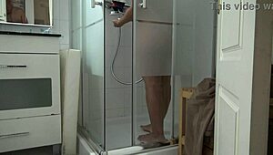 StepSon Sneaks Peek At Stepmom's Morning Shower And Jerks Off Hard