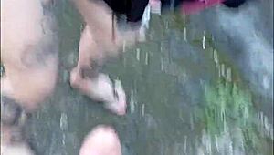 Skinny Brazilian gives milky blowjob dominated in garden by big cock