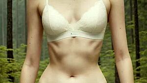 cute models in panties and lingerie relax barefoot at forest cabin