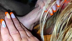 Blonde milf strokes huge cock bigger than husband's with feet and heels