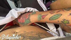 yo i interrupted my friend's sexy tattooed wife massage and we fucked her huge hairy pussy till she squirted
