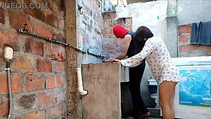 Neighbor's nightgown slips open pink pussy flashes right there