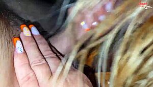 Blonde milf strokes huge cock bigger than husband's with feet and heels