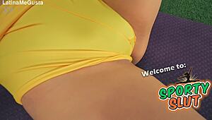 fit slut's rock hard ass puffy nipples cameltoe burst from tight shorts workout