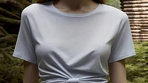 cute models in panties and lingerie relax barefoot at forest cabin