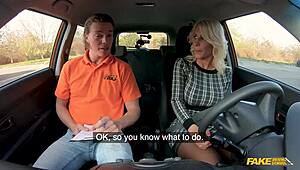 Blonde MILF's huge tits bounce riding massive cock in driving lesson