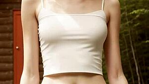 cute models in panties and lingerie relax barefoot at forest cabin