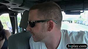 Two Tempting Brunettes Baring Massive Tits in Public for Quick Cash