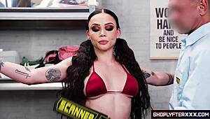 Young brunette shoplifter deepthroats officer's cock swallows cum on hidden cam