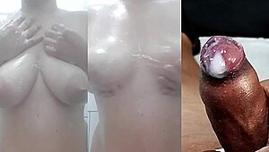 Nerd jerks small foreskin cock while hot teen girlfriend squirts on her tasty pussy and tits - part 13.