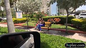 Two Tempting Brunettes Baring Massive Tits in Public for Quick Cash