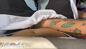 yo i interrupted my friend's sexy tattooed wife massage and we fucked her huge hairy pussy till she squirted