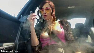 mmm italian milf's huge tits and rock hard nipples flash while smoking in car