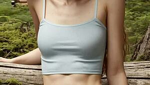 cute models in panties and lingerie relax barefoot at forest cabin