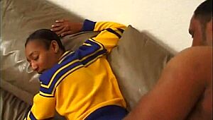 Ebony Cheerleader's Hardcore Doggystyle Cowgirl Ride Ends in Facial Cum Blast Volume 2 Scene 4!