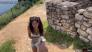 girl flashes huge cock publicly on beach, scares her at first but she strokes it anyway