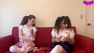 daddy's taboo teen girls smoke cigars in uniforms for lesbian fetish play