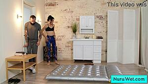 Teen masseuse victoria sunshine rubs her hairy wet pussy on client during nuru sex massage