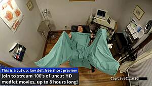 Curious journalist girl interrupted by nurse Kitty Catherine's latex glove vibrator play