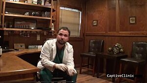 Curious journalist girl interrupted by nurse Kitty Catherine's latex glove vibrator play