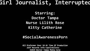 Curious journalist girl interrupted by nurse Kitty Catherine's latex glove vibrator play