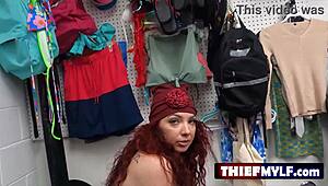 that sexy redhead milf burglar sneaks food but ends up fucked hard by the horny guard