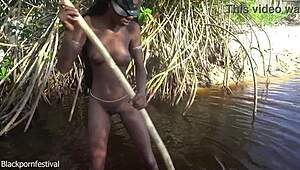 African Tribe Women Bare Tits Hunting Fish In Wild Forest Documentary