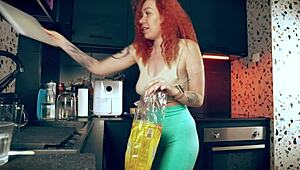 early morning kitchen doggystyle with cute redhead bent over pre-breakfast pounding