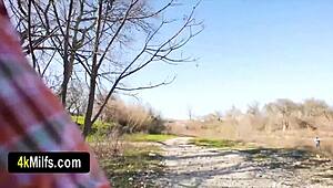 Blonde Wife's Horny Quickie Fuck Outdoors with Ripped Clothes and Big Tits Bouncing