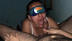Blindfolded Cock Sucking Slut Moans Licking Balls and Deepthroating Natural Tits Out