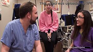 Curious journalist girl interrupted by nurse Kitty Catherine's latex glove vibrator play