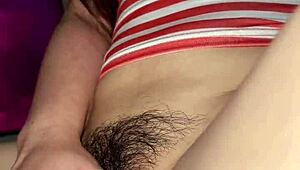 Hairy Latina pussy drips wet from vibrator play leading to trembling squirting orgasm close-up