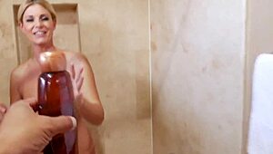 Horny Blonde Milf Stepmom Craves Stepson's Dick. She Sucks It Eagerly Under Steamy Shower Spray