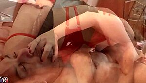 French Amateur in Leather Dress and Satin Lingerie Rims, Blows, Fucks Pussy with Cumshots