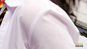 Brunette milf in heels blows through gloryhole then begs for hard pussy pounding