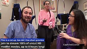 Curious journalist girl interrupted by nurse Kitty Catherine's latex glove vibrator play