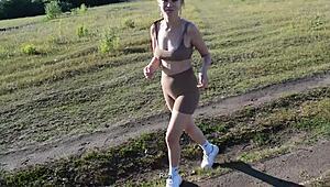 Cute athletic brunette sucks cock mid-jog then gulps protein shake