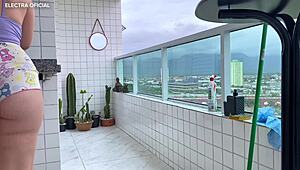 Voyeur spies latina neighbor cleaning short shorts big tits ass tease