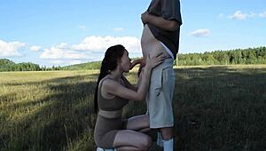 Cute athletic brunette sucks cock mid-jog then gulps protein shake