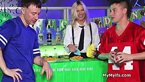 Barmaids tight blonde pussy gets free use shared in wild threesome